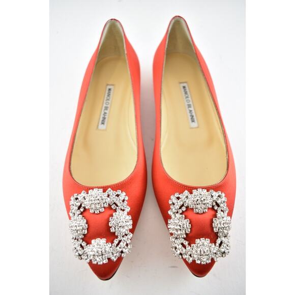 Manolo Blahnik Hangisi Red Satin Silver Jewel Buckle Ballerina Ballet Flat 39 - Picture 5 of 12